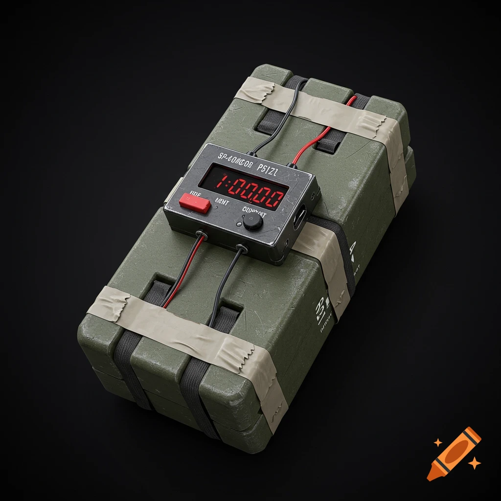 A photorealistic image of a green C4 plastic explosive with a digital timer set to 1 minute, on a dark background.