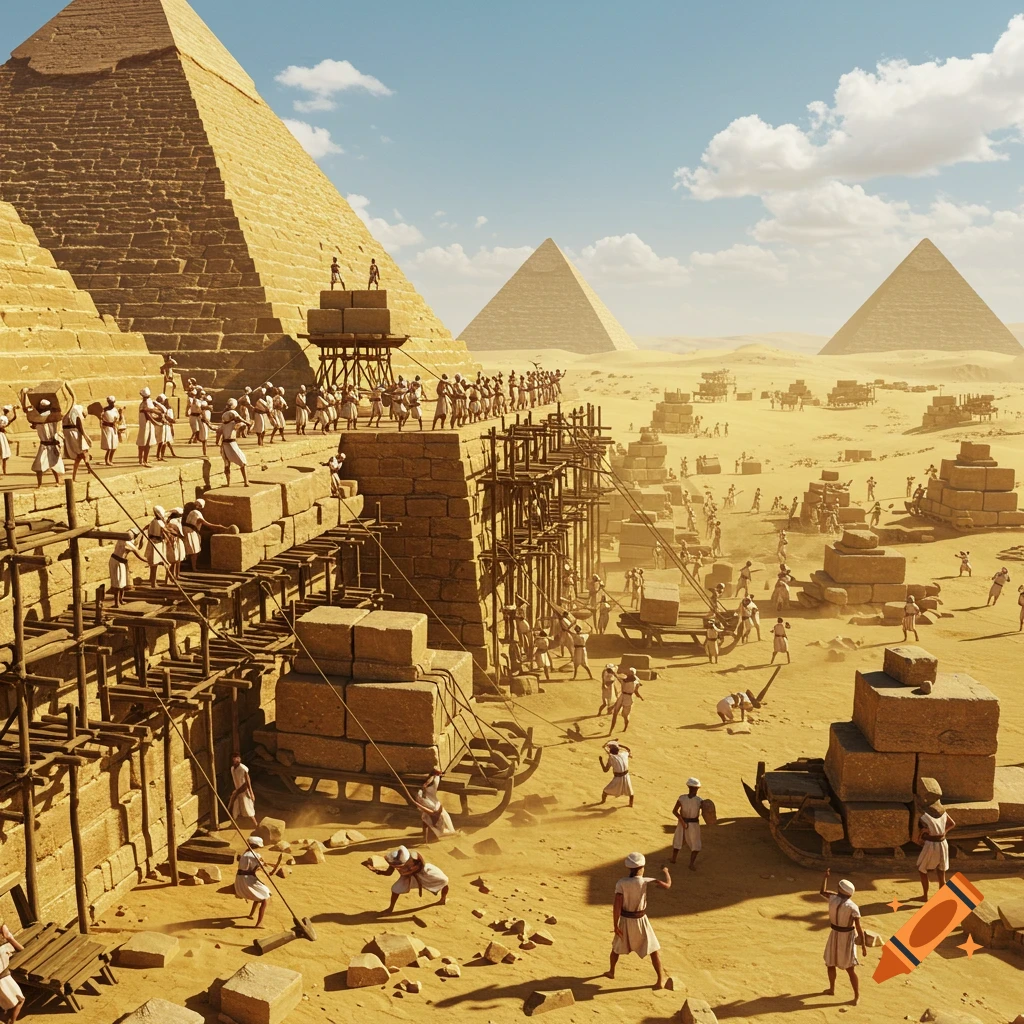 Lifelike scene of ancient Egyptians building pyramids in the desert, with numerous laborers moving large stone blocks and scaffolding.