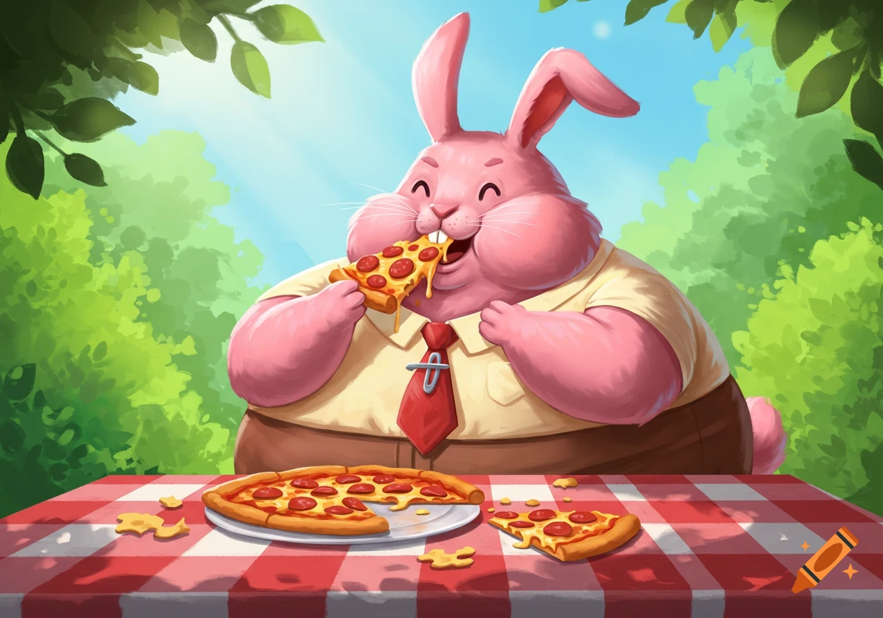 A fat pink rabbit wearing a shirt and tie happily eats a slice of pepperoni pizza at a picnic table with a red and white checkered tablecloth. Other pizza slices and crumbs are on the table, with a green, leafy background.