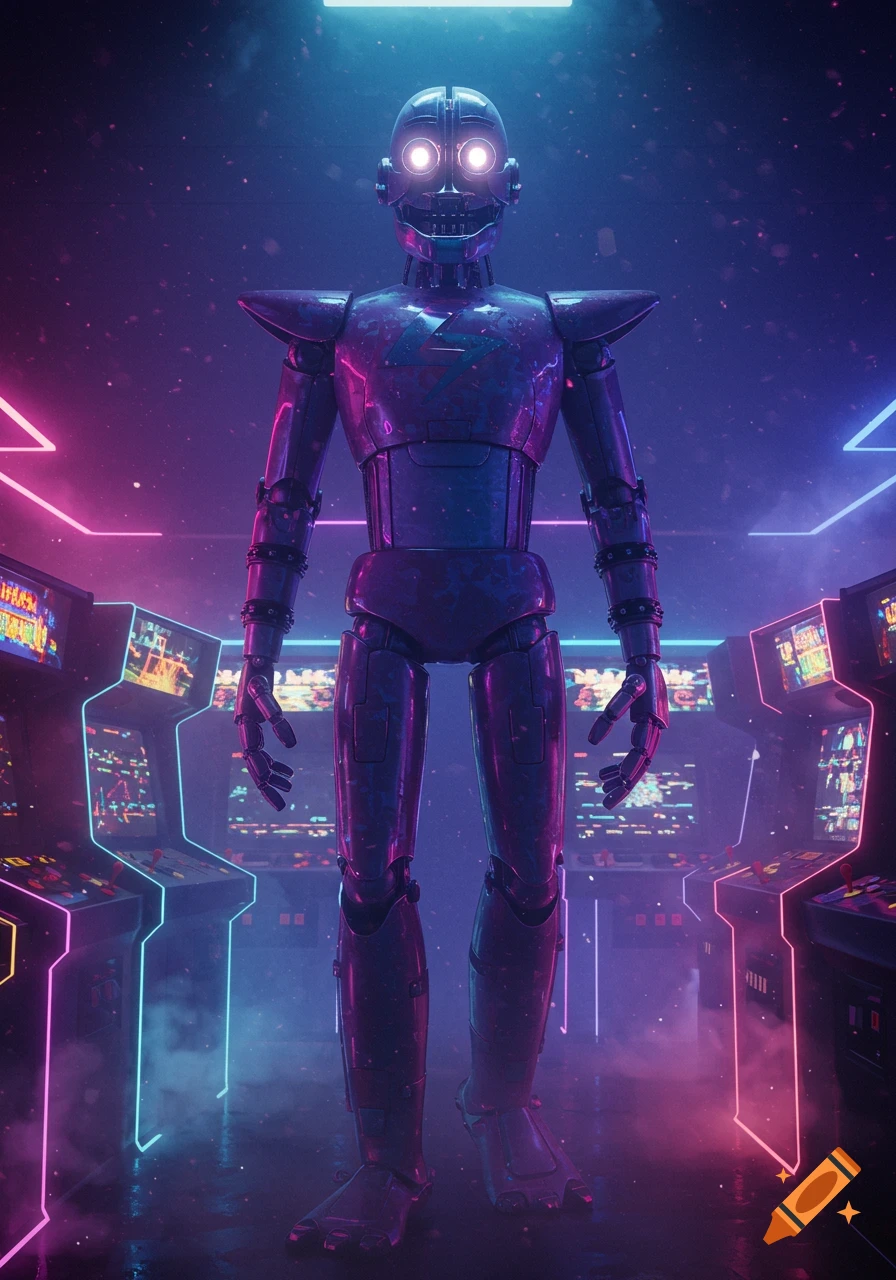 A purple animatronic robot stands in a neon-lit arcade with glowing arcade machines.