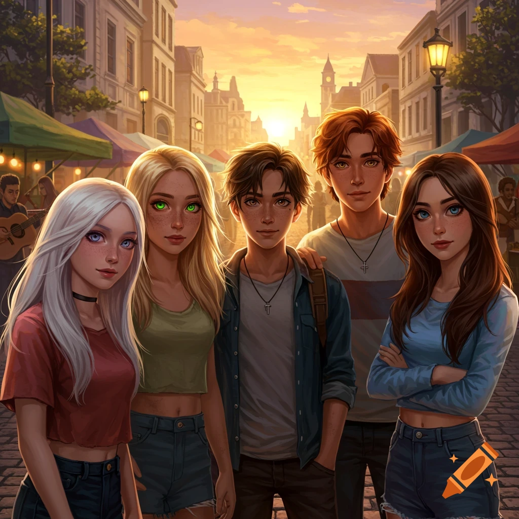 Five stylized teenage characters, three girls and two boys, stand on a cobblestone street at sunset with city buildings and market stalls.