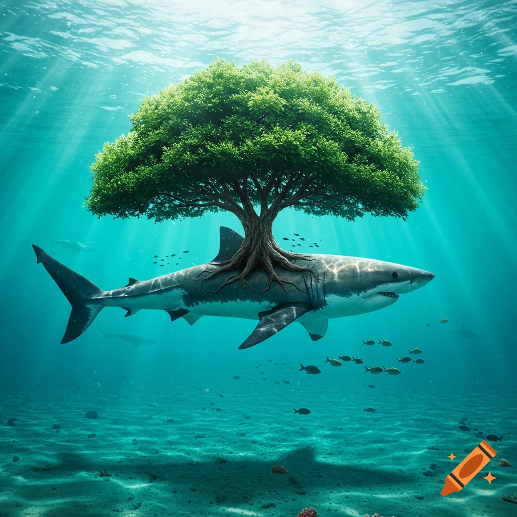 A photorealistic shark with a lush green tree growing from its back, swimming in clear, sunlit blue ocean water.