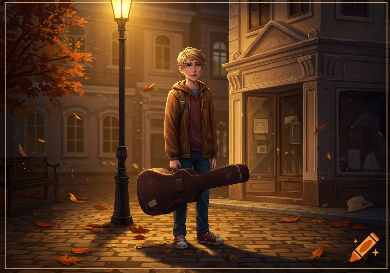 A young boy with a guitar case stands on an autumn street next to a lamppost and a building at sunset, cartoon style.