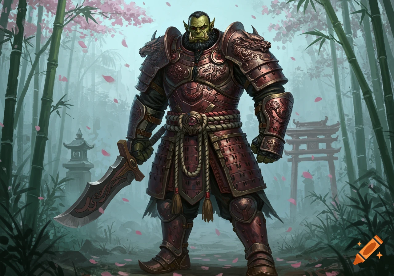 An orc warrior in red and bronze Japanese-style heavy plate armor stands in a misty bamboo forest.