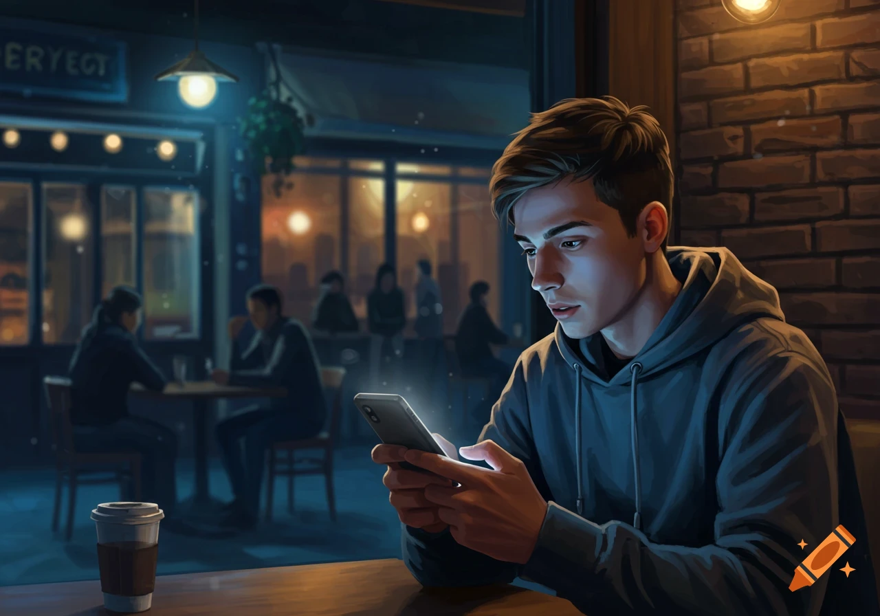 Young man in a hoodie looking at his glowing phone screen inside a dimly lit cafe with brick walls and blurred figures in the background.
