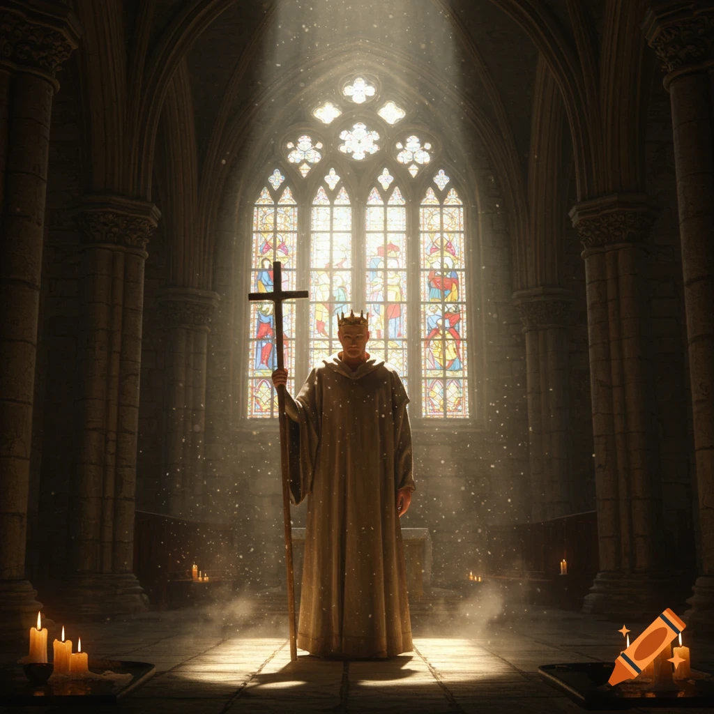 A robed king holding a cross staff stands in a sunlit cathedral with stained glass windows.