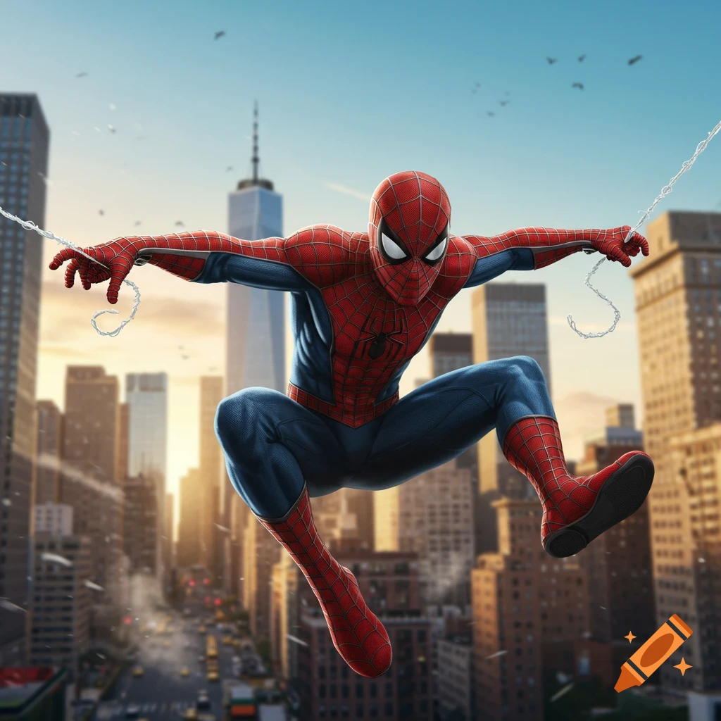 Photorealistic depiction of Spider-Man in his classic red and blue suit, mid-air, swinging through a city with skyscrapers.