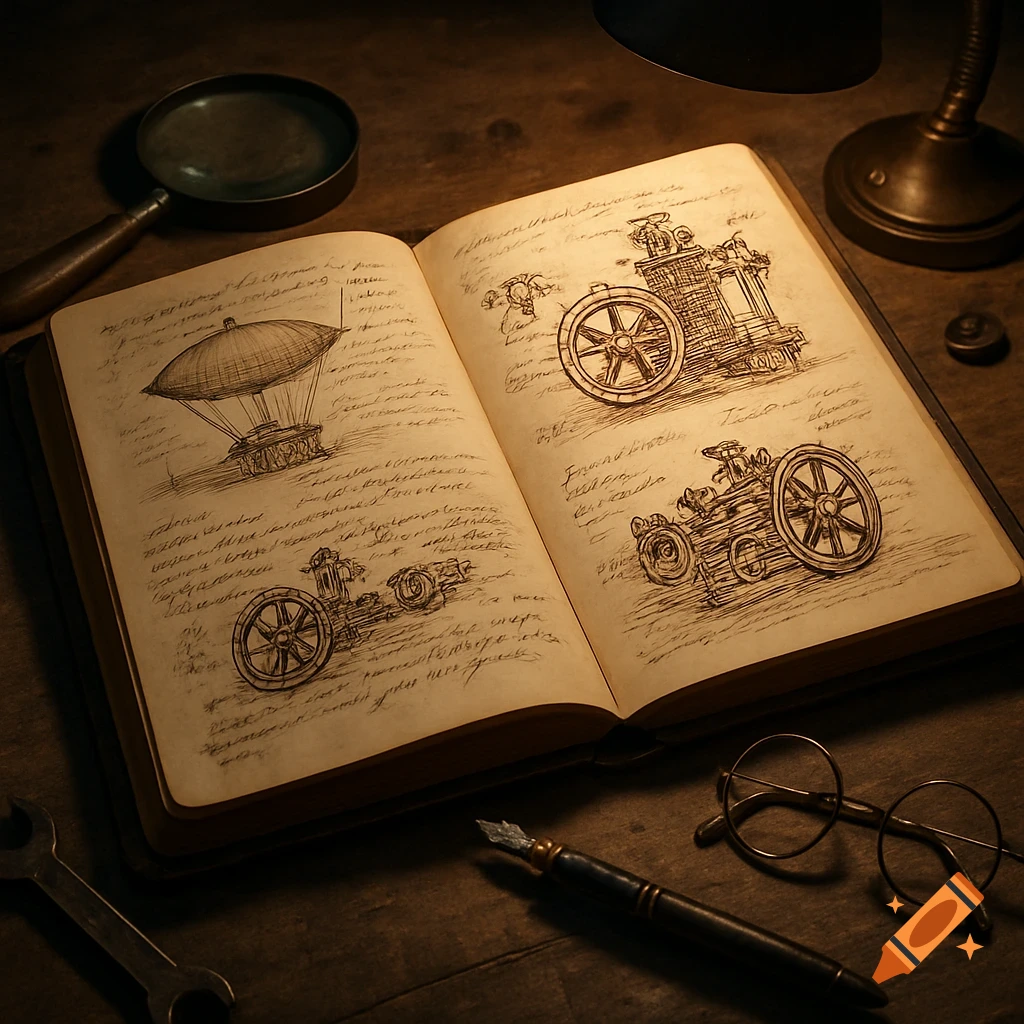 An open inventor's journal on a wooden desk, displaying sketches of steampunk-style machines and illegible handwritten notes, surrounded by a magnifying glass, ink pen, and spectacles.