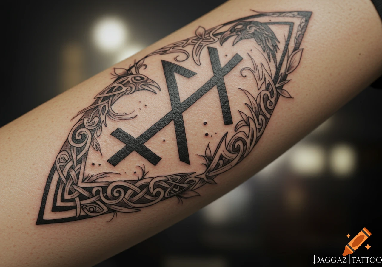 A black stylized Dagaz rune tattoo with Celtic knotwork and raven details on a person's arm.