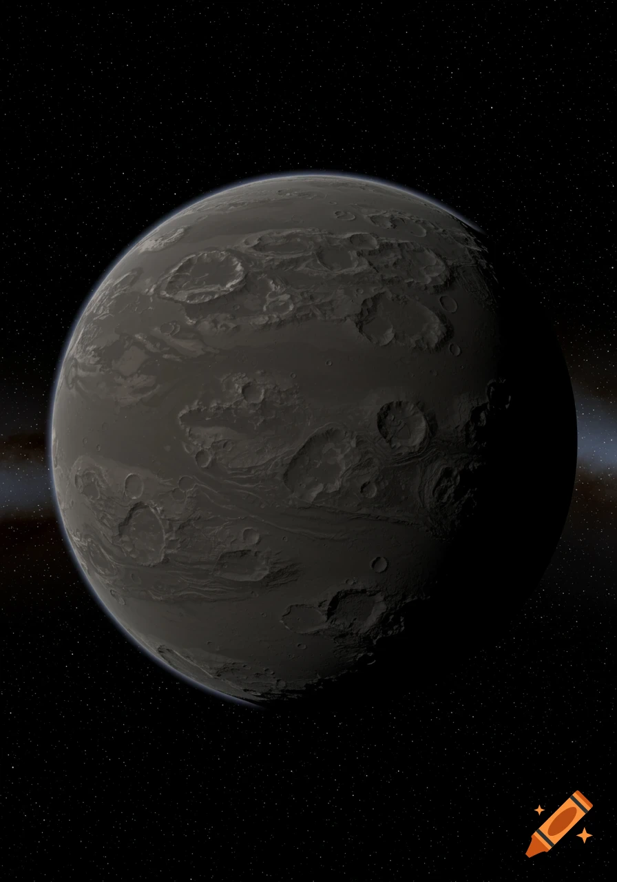 A dark grey rocky planet with many craters and ridges against a starry black sky.