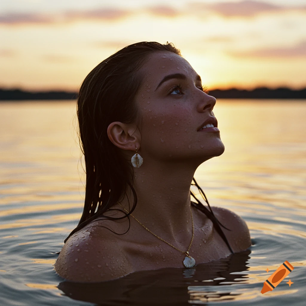 A woman with wet hair and water droplets on her face, wearing shell jewelry, looks up while shoulder-deep in a lake at sunset.