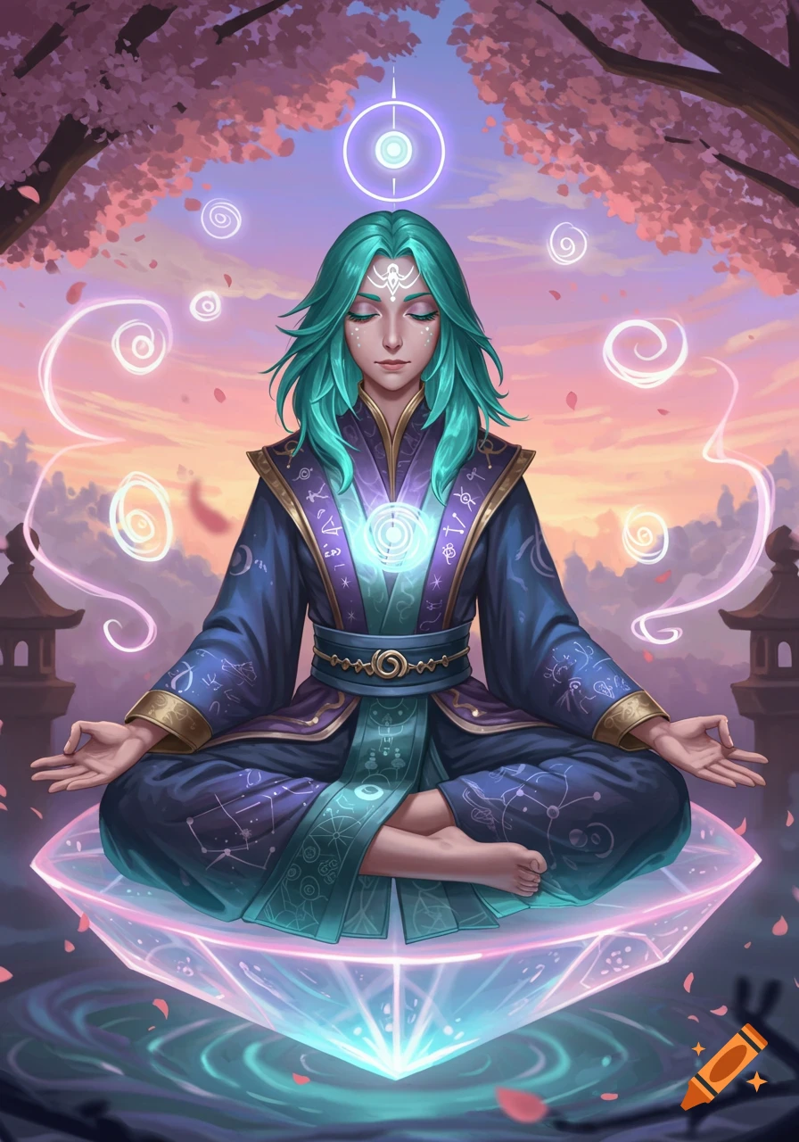 An anime-style character with teal hair meditates on a glowing crystal in a cherry blossom setting.