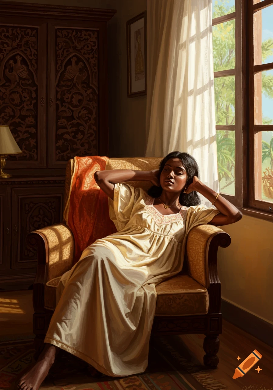 A realistic painting of a woman relaxing on an armchair by a sunny window, with a wooden cabinet to the left.
