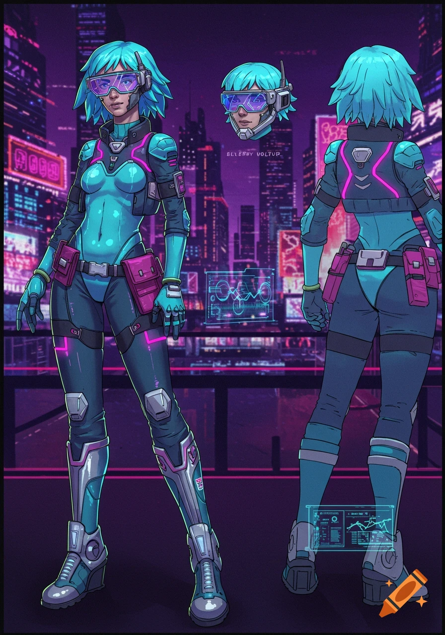 A full character reference sheet showing a female cyberpunk character in a teal and magenta uniform, set against a neon city background.