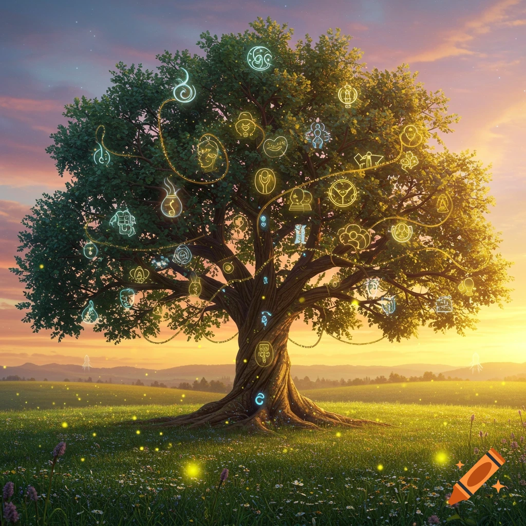A large, leafy tree stands in a field at sunset, adorned with glowing, abstract symbols connected by golden light trails.