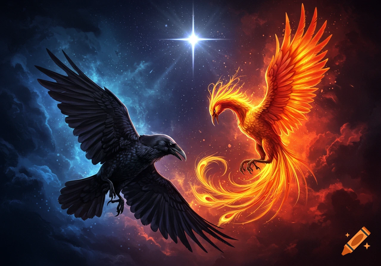 A black raven and a fiery orange phoenix face each other in a starry night sky with a bright star.