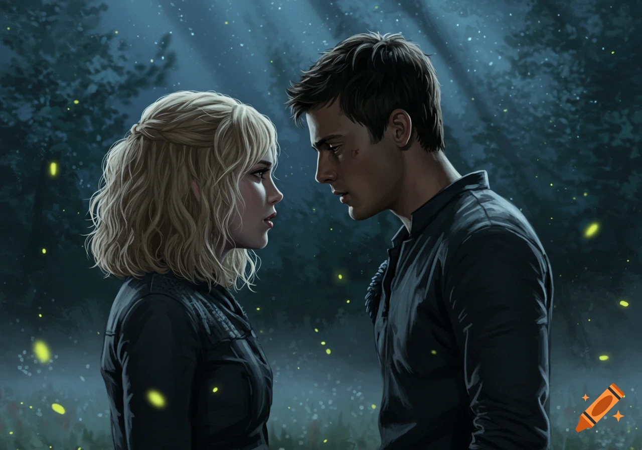 A man and a woman gazing intently at each other in a magical, dark forest with glowing fireflies. Digital painting style.