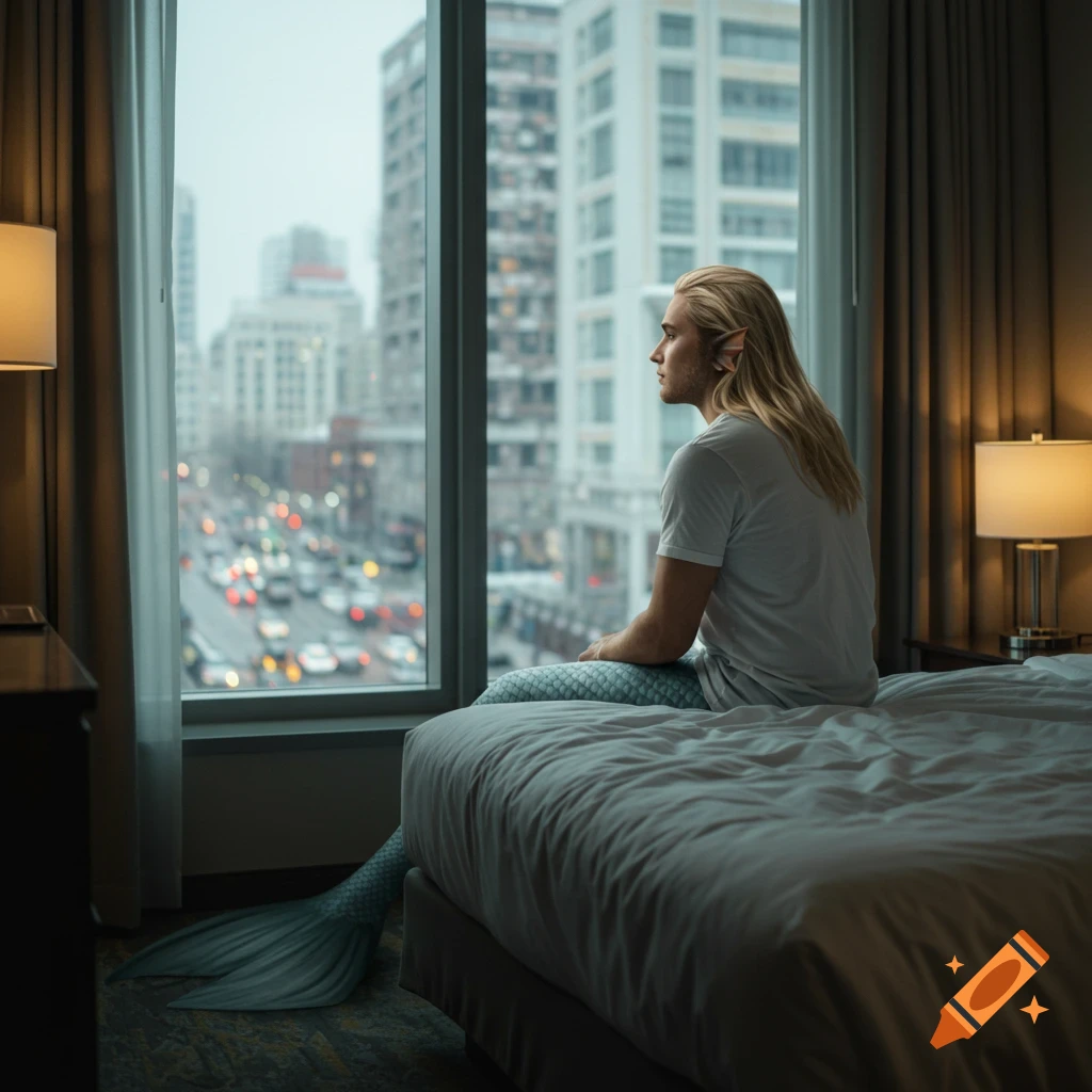 A blond merman in a t-shirt sits on a hotel bed, looking out a window at a busy city street.
