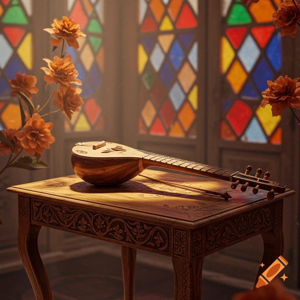 A wooden setar rests on a carved table bathed in light from a colorful stained glass window, surrounded by orange flowers.