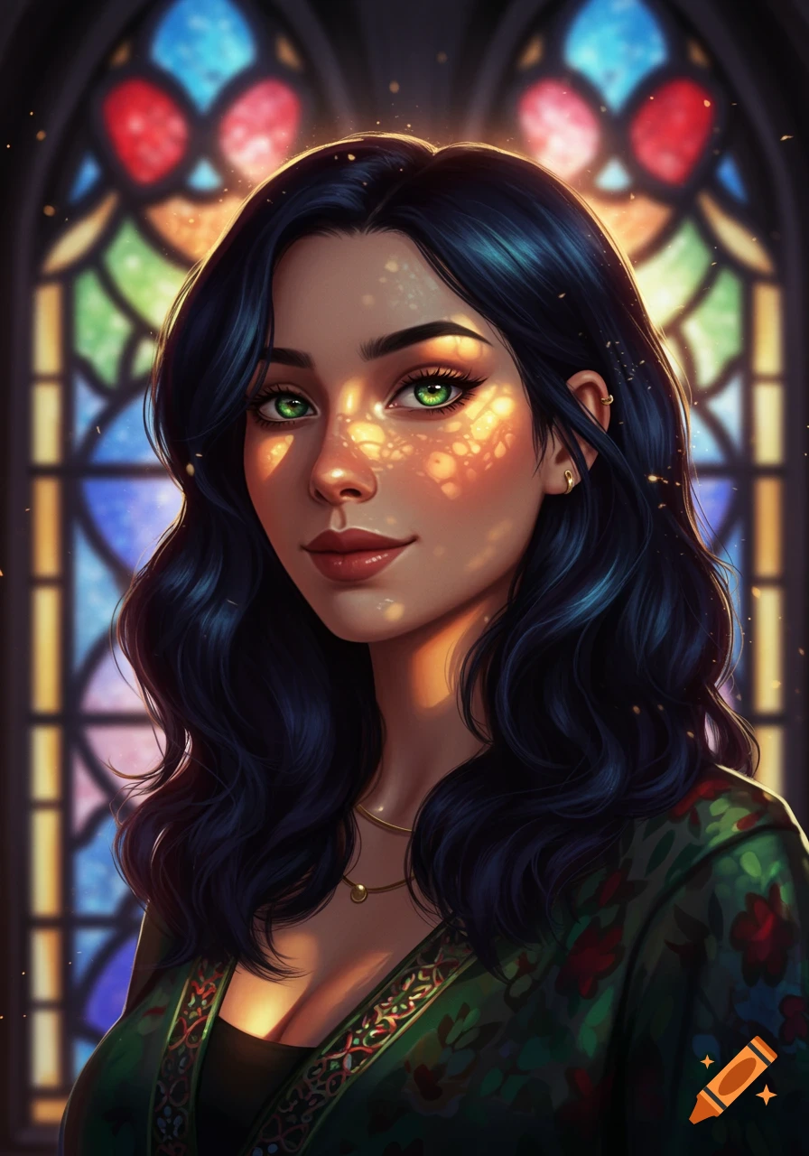 A beautiful woman with dark hair and striking green eyes looks forward, illuminated by dappled sunlight from a vibrant stained-glass window.