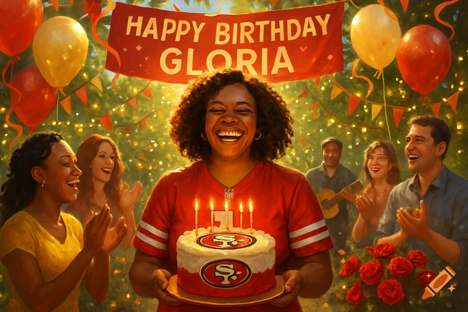 A smiling woman with curly hair holds a birthday cake with candles and football team logos, surrounded by laughing friends and family under a "Happy Birthday Gloria" banner, balloons, and string lights.