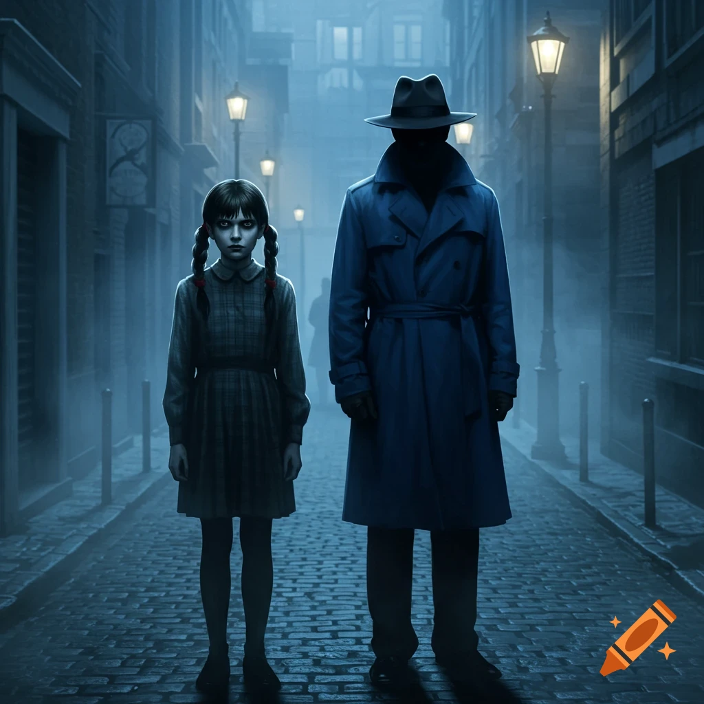 A young girl with a dark expression and a mysterious man in a blue trench coat stand on a foggy cobblestone street at night, lit by street lamps.