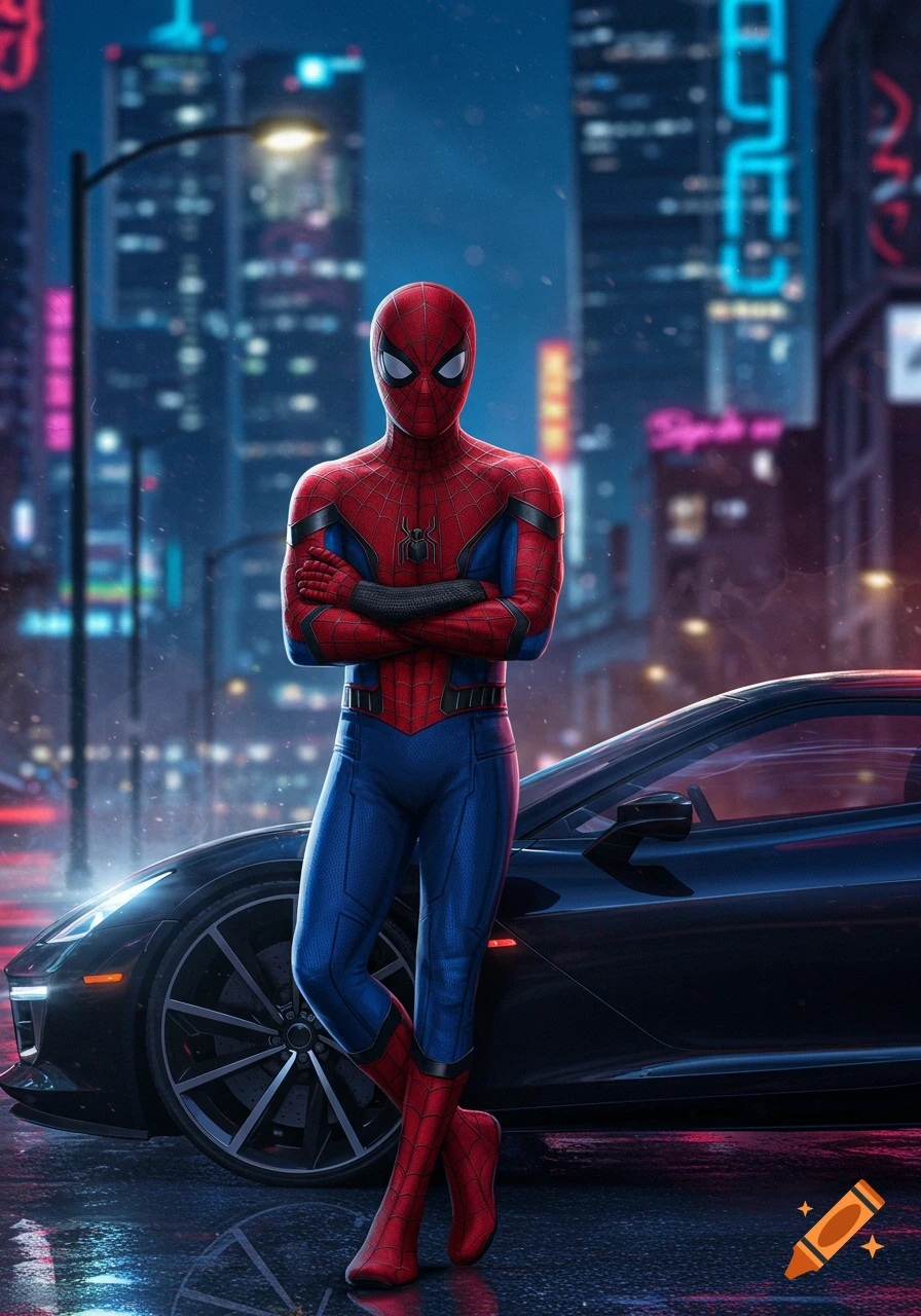 Spider-Man, in his red and blue suit, leans against a sleek black sports car on a wet night city street, arms crossed.