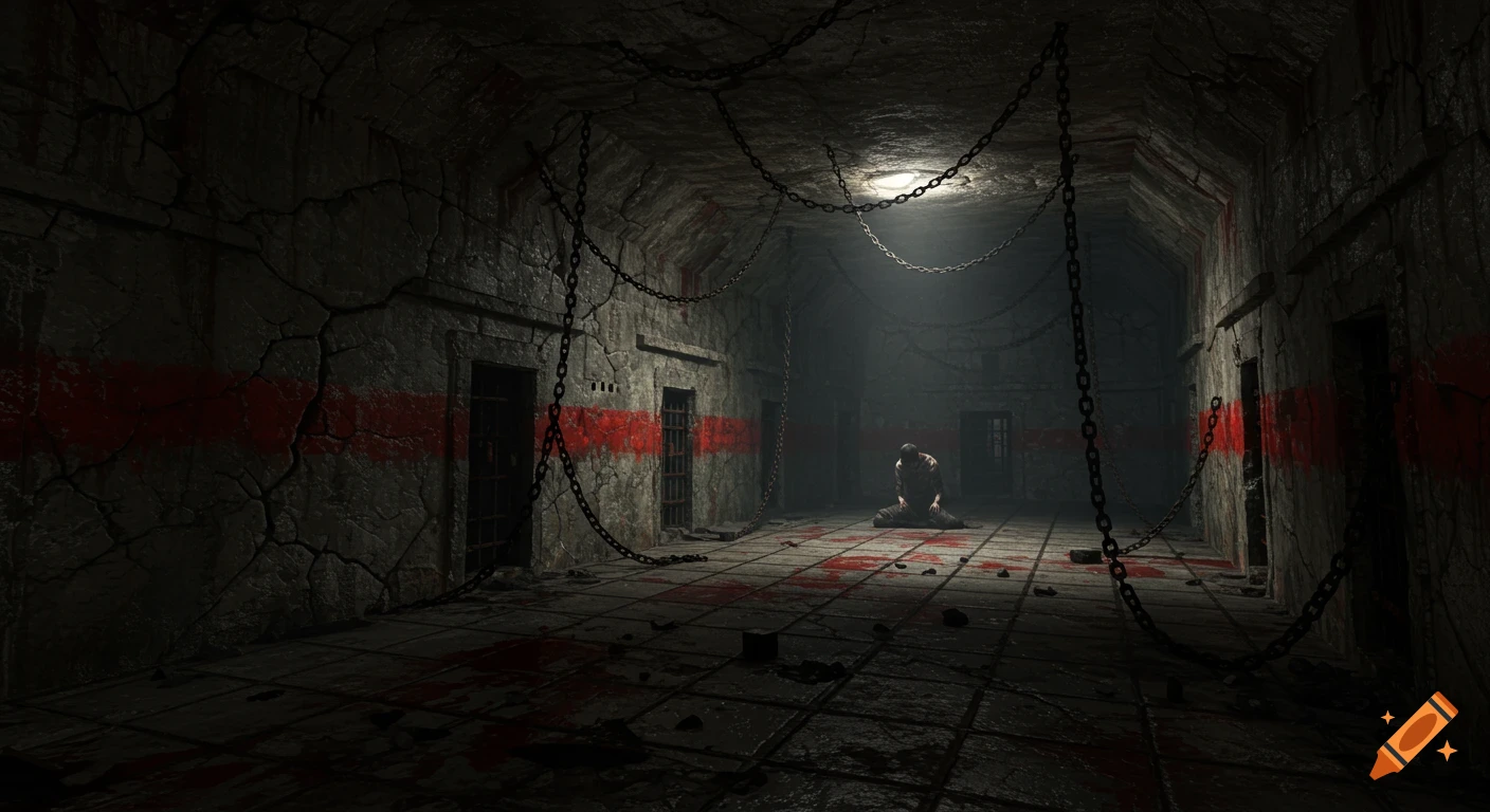 A lone, haggard figure kneels in a dimly lit, crumbling prison hall with rusted chains, cracked stone walls, and blood-red stains on the floor.