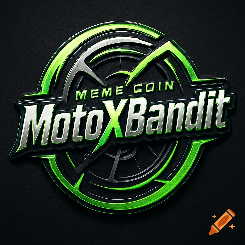A shiny metallic logo with green and silver text 'MEME COIN MotoXBandit' on a dark background, featuring stylized curved elements.