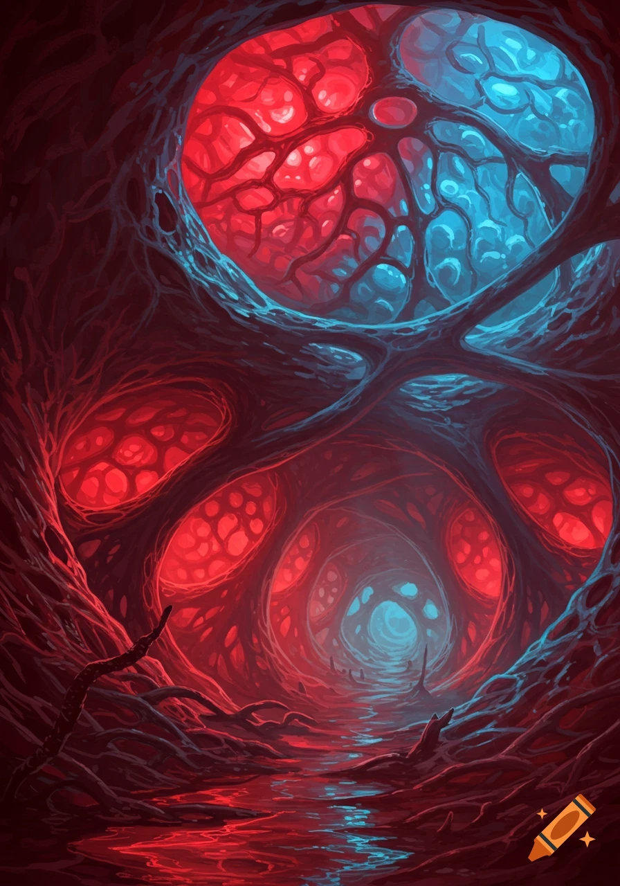 An eerie, detailed organic cavern with fleshy, root-like walls, glowing red and blue, resembling a biological cave system.