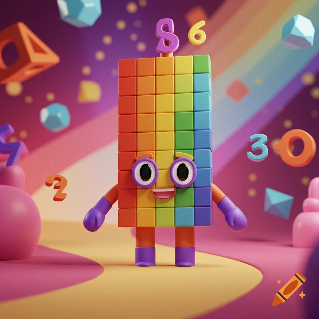 A colorful, blocky character with eyes and a mouth stands in a vibrant, playful environment with floating numbers and geometric shapes.