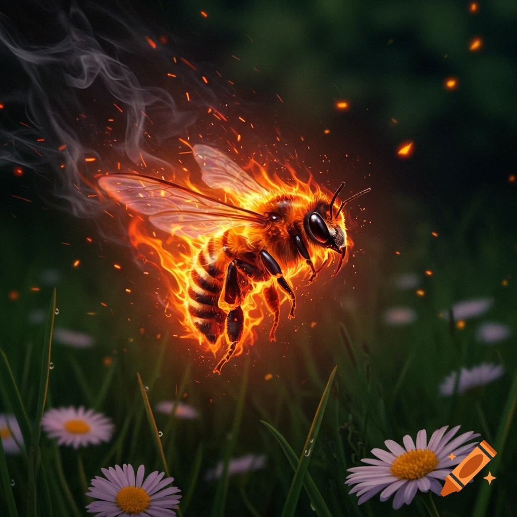 A bee engulfed in flames and smoke, flying above green grass with daisies in the foreground.