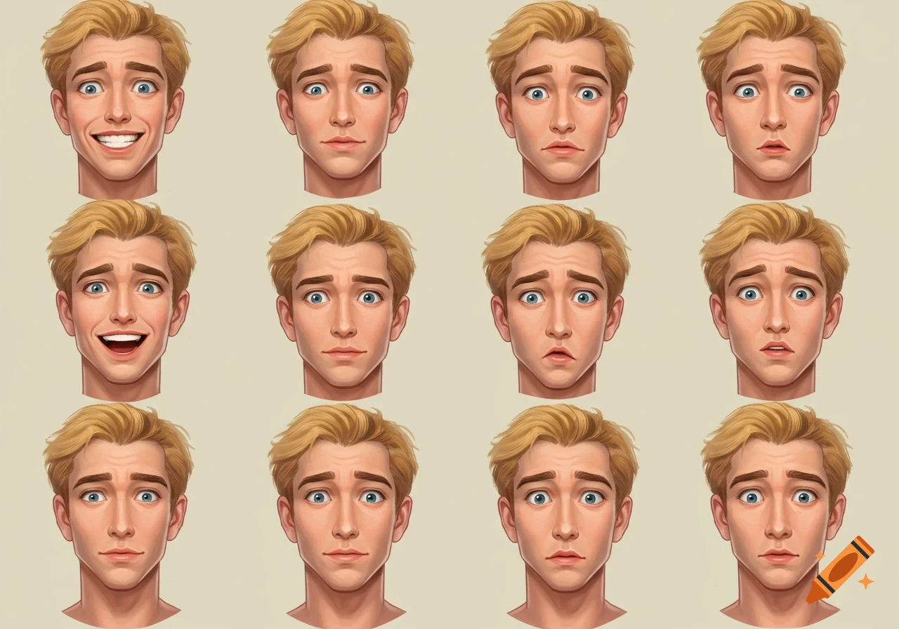 A grid of 12 illustrated headshots of a young blond male, each showing a different facial expression.