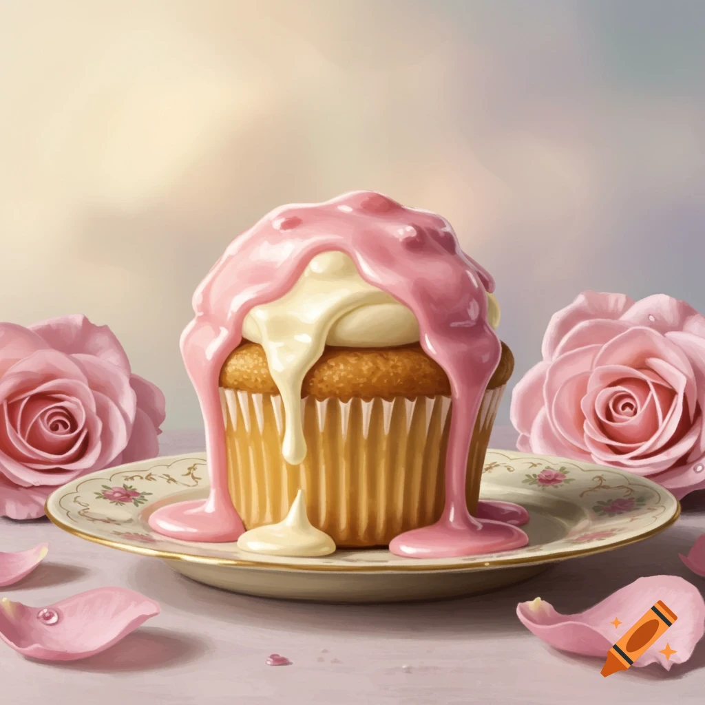 A cupcake with pink and white melted icing sits on a floral plate, surrounded by pink roses and petals.