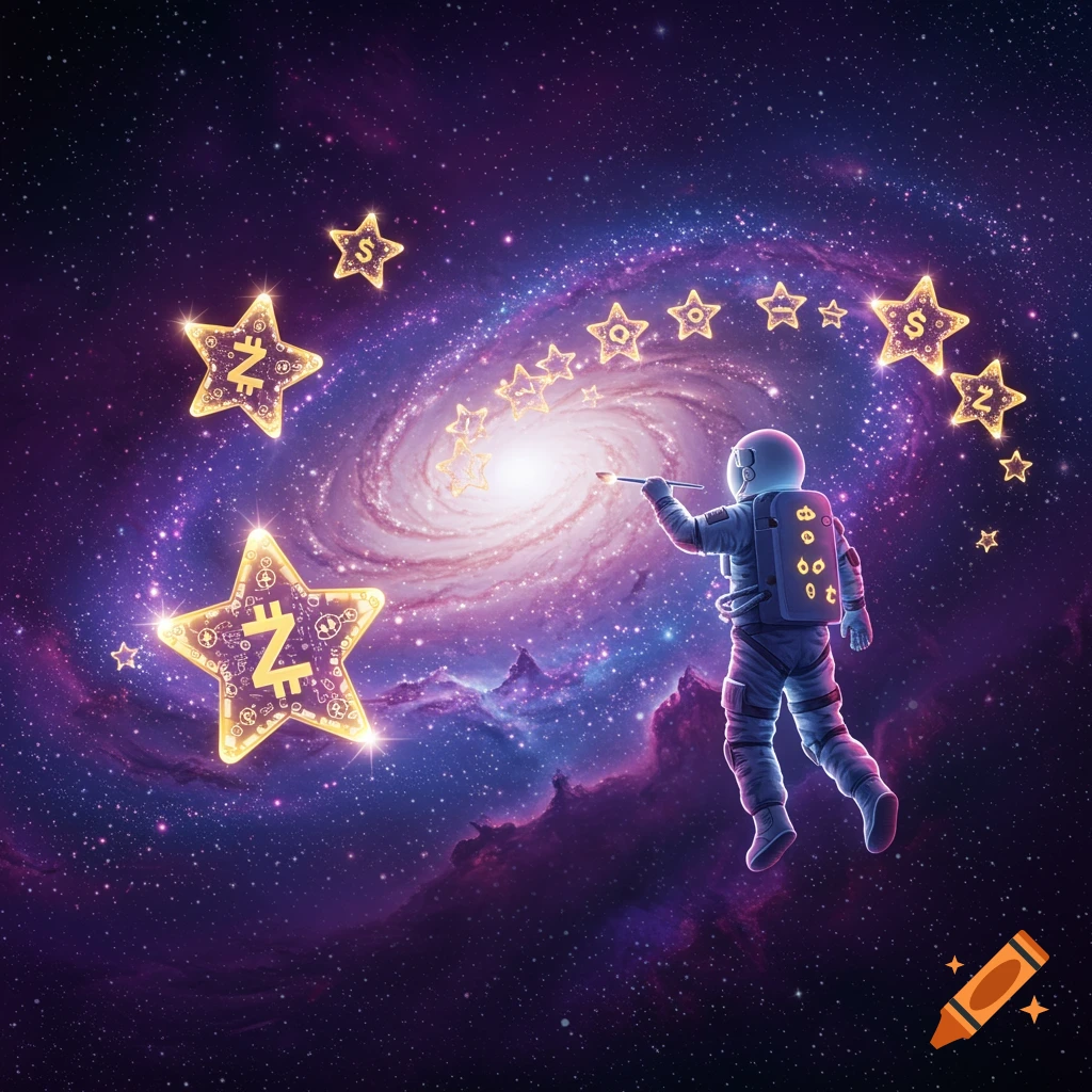 An astronaut floats in space, painting a vibrant spiral galaxy with glowing, gold star-shaped tokens.