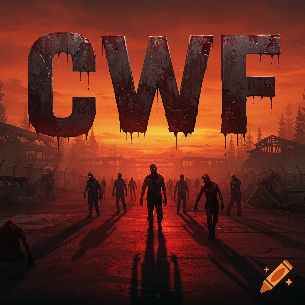 Large blood-stained letters 'CWF' hover over a horde of zombies in a desolate, orange-lit apocalyptic landscape.