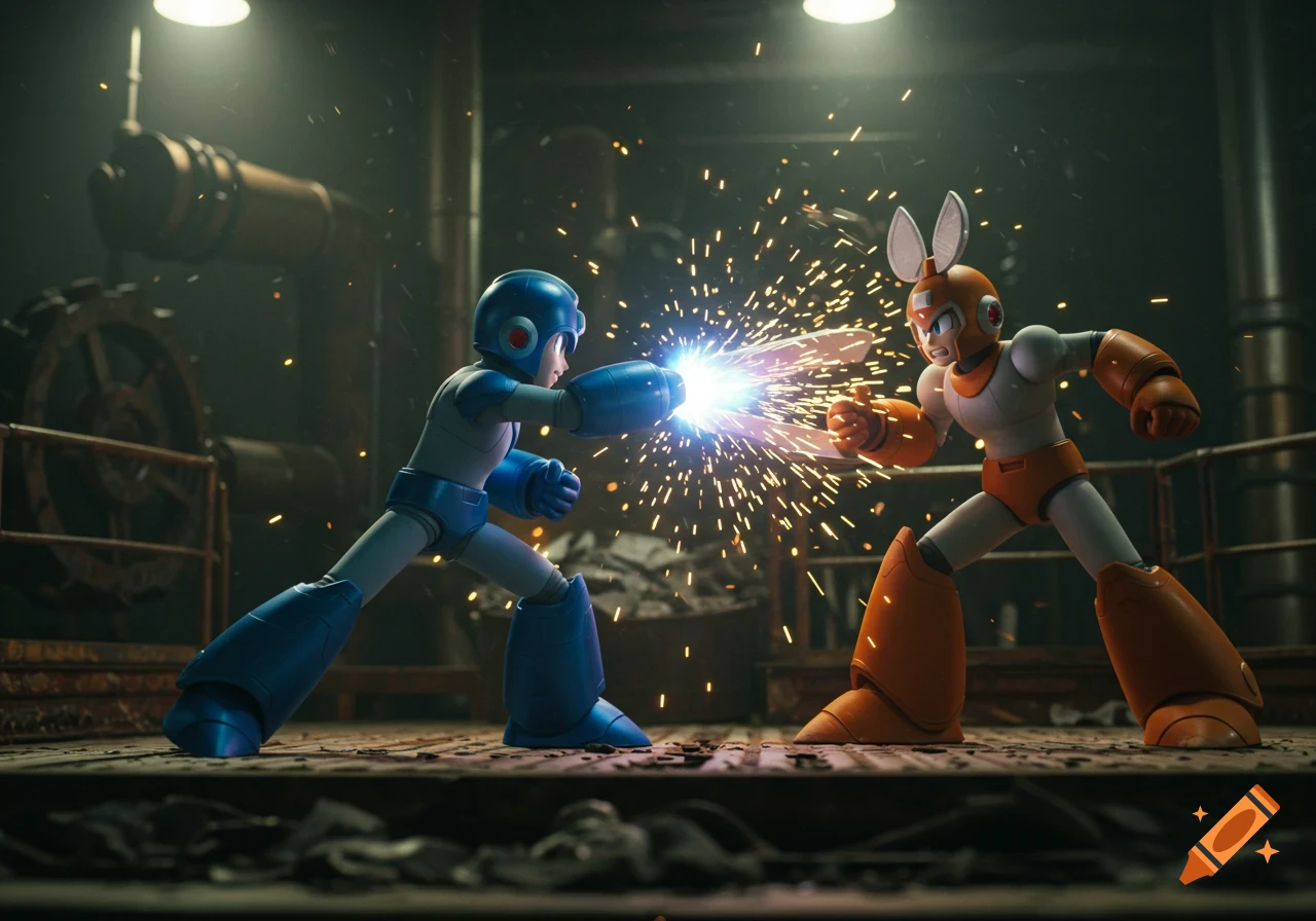 Mega Man battling Cut Man in a dark, industrial setting with sparks flying, live action style.