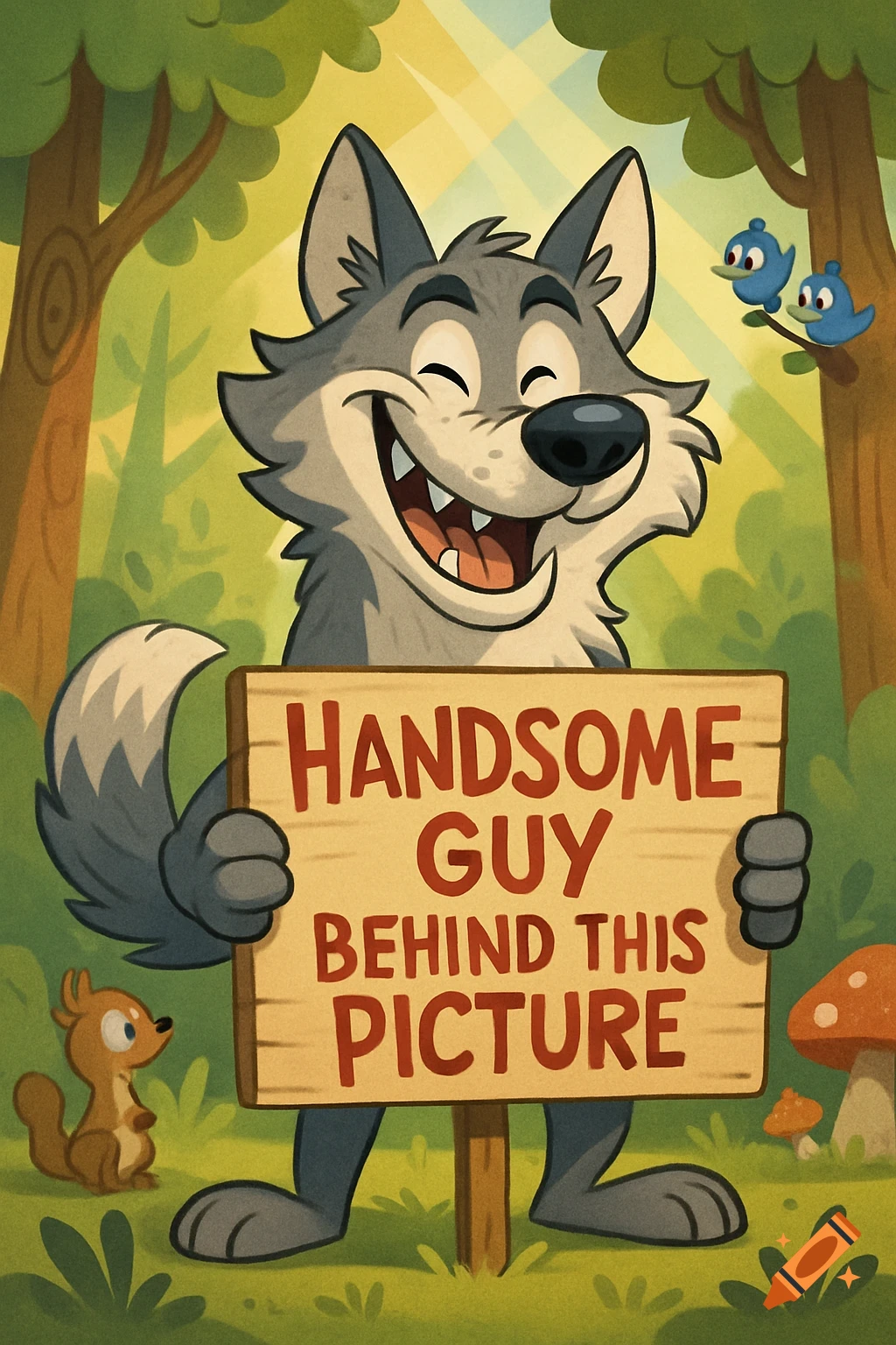 A cheerful cartoon wolf in a forest holds a sign that reads 'HANDSOME GUY BEHIND THIS PICTURE'. A squirrel and birds are also visible.