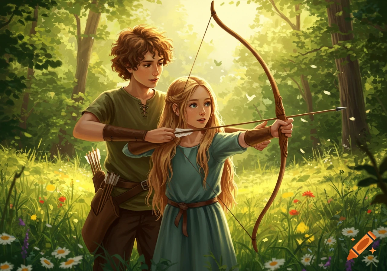 An illustrated boy with curly hair teaches a girl with long blonde hair to shoot a bow and arrow in a sunny forest.