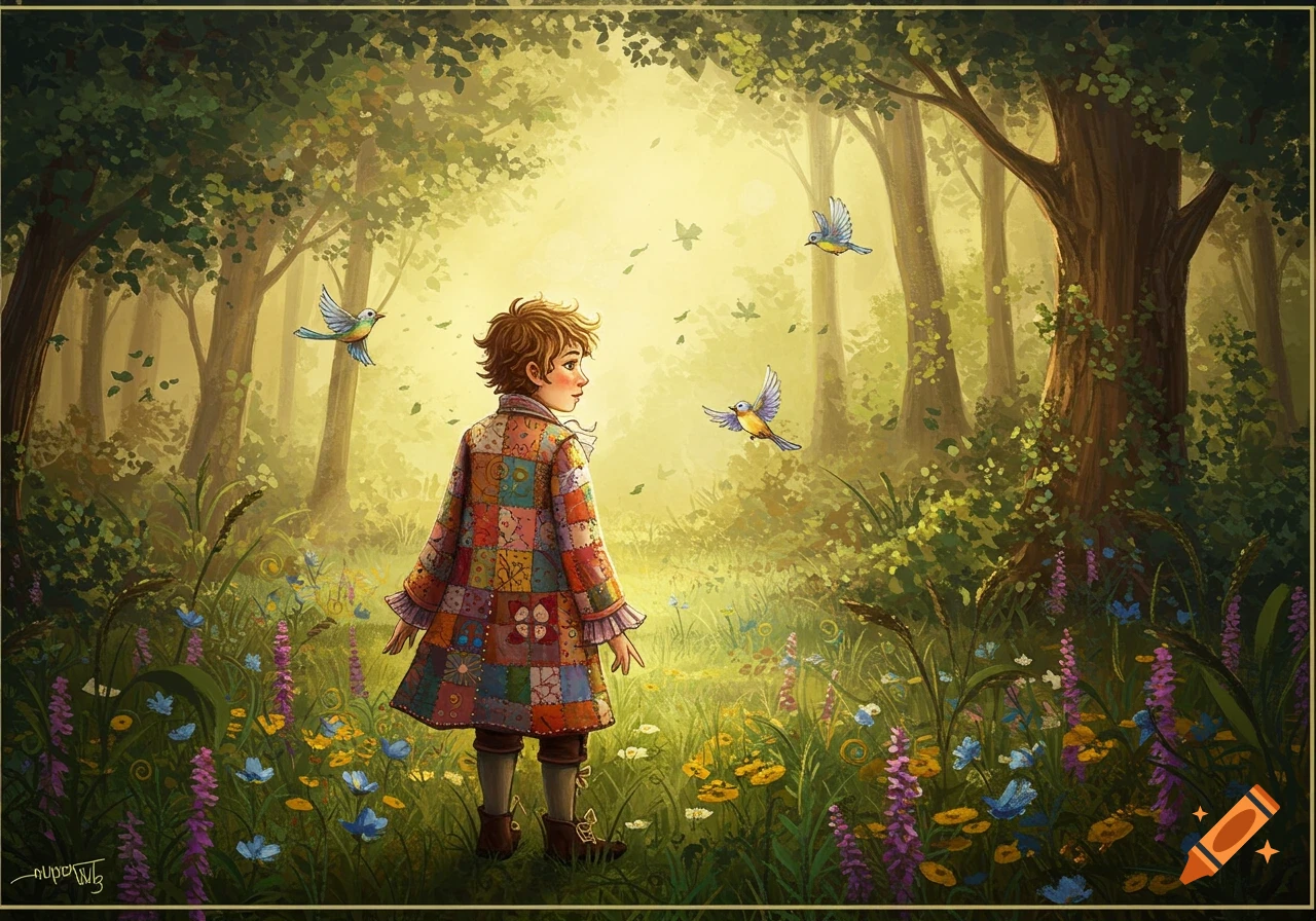 A whimsical illustration of a child in a patchwork coat standing in a sunlit forest, looking at flying birds.