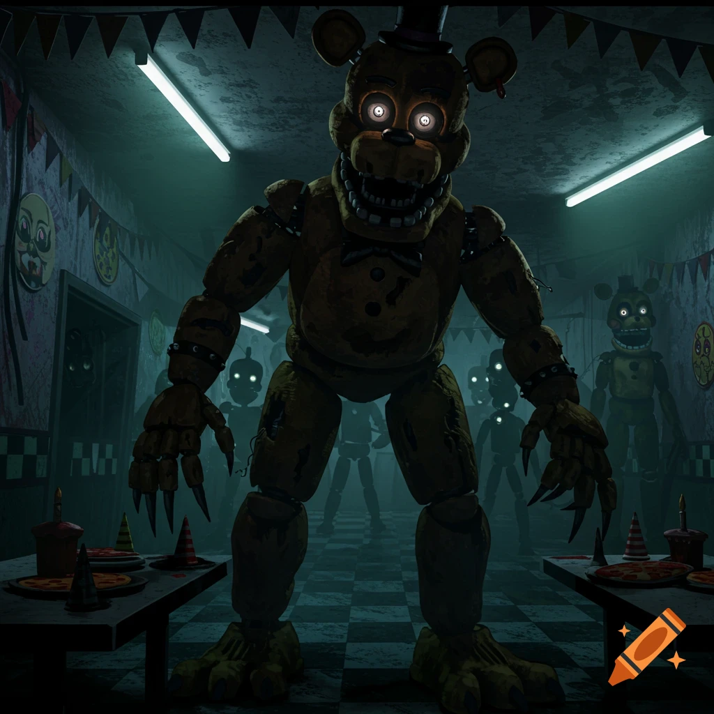 A large, menacing golden animatronic bear with glowing eyes stands in a dark, grimy party room with other shadowy animatronics.