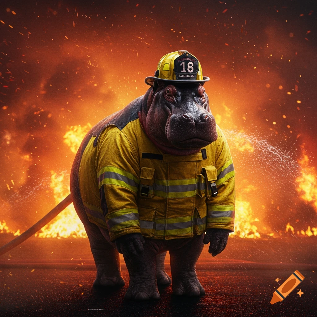 A realistic hippo in a yellow firefighter suit and helmet stands in a fiery background with water spraying.
