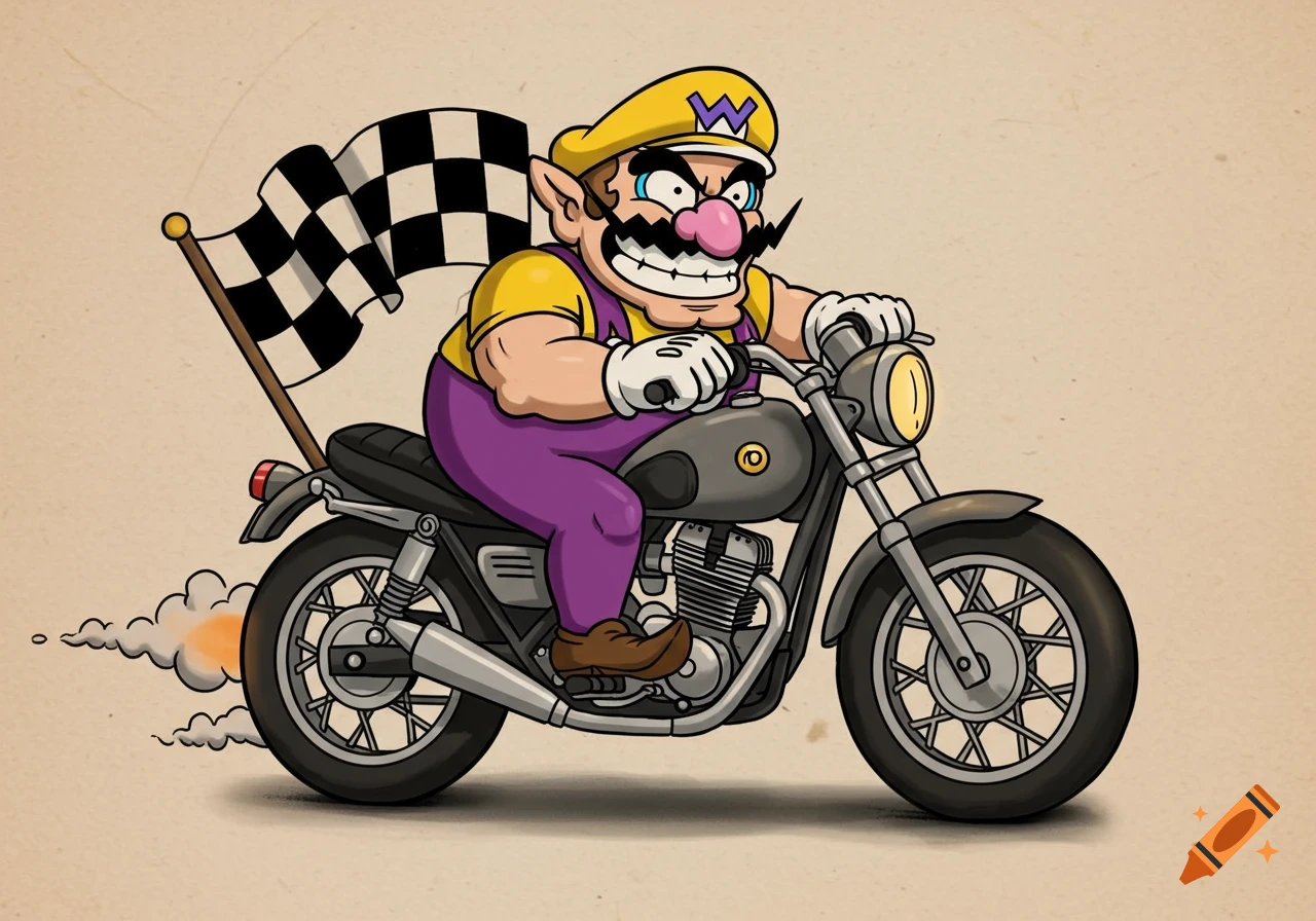 Wario on a motorcycle with a checkered flag, in a cartoon style illustration.