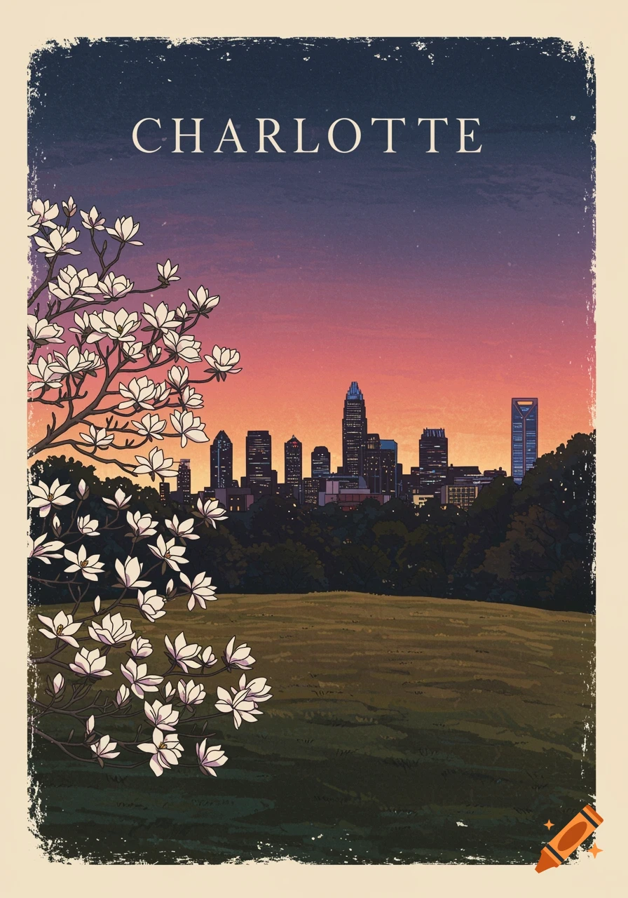 A vintage style illustration of the Charlotte, North Carolina skyline at sunset, with a blossoming magnolia tree in the foreground.
