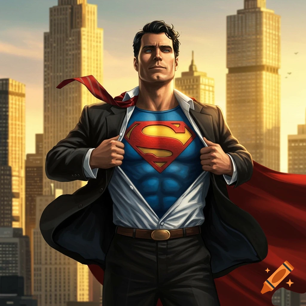 Superman in a business suit ripping open his shirt to reveal his superhero costume with a cityscape backdrop at sunset.