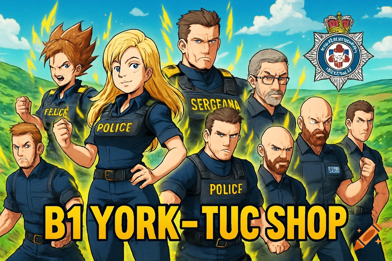 An anime-style landscape banner featuring eight police officers, two female and six male, in uniform with a police crest. Large text reads "B1 YORK- TUC SHOP" at the bottom.