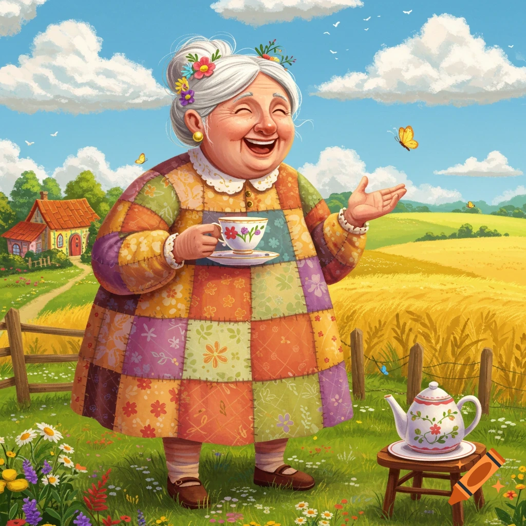 A cheerful elderly woman in a colorful patchwork dress laughs, holding a teacup in a sunny countryside field with a house.