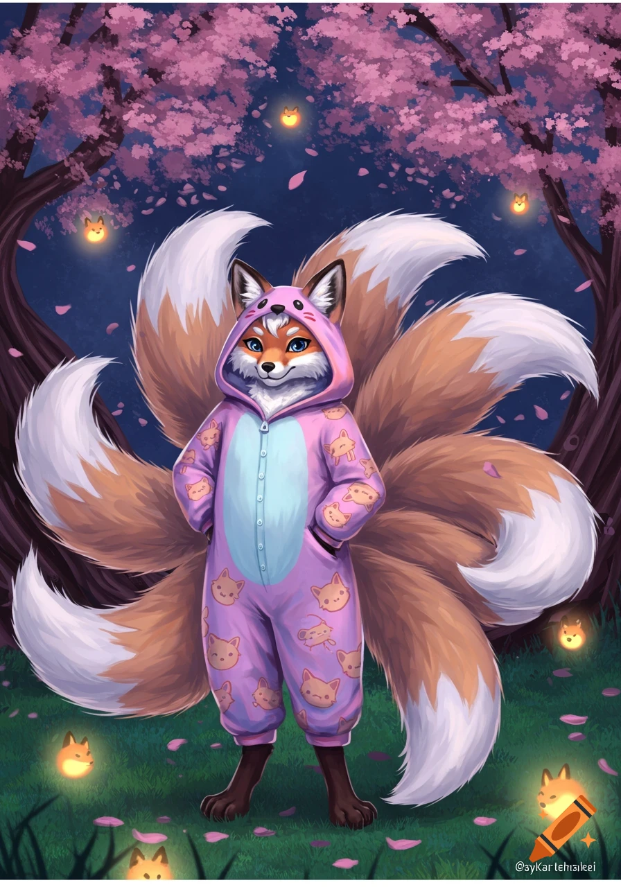 A cute kitsune in a pink cat-patterned onesie stands in a magical cherry blossom forest at night with glowing fox orbs.