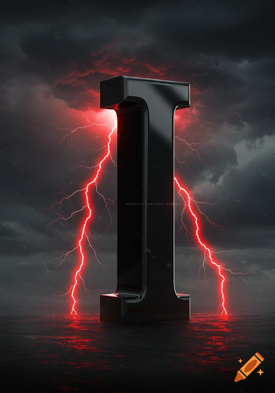 A large, glossy black uppercase letter 'I' standing in a stormy landscape with striking red lightning.