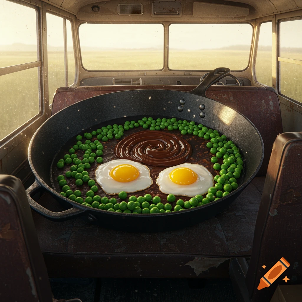 A giant frying pan filled with peas, chocolate sauce, and two fried eggs sits on a seat inside an old bus, overlooking a sunny field.